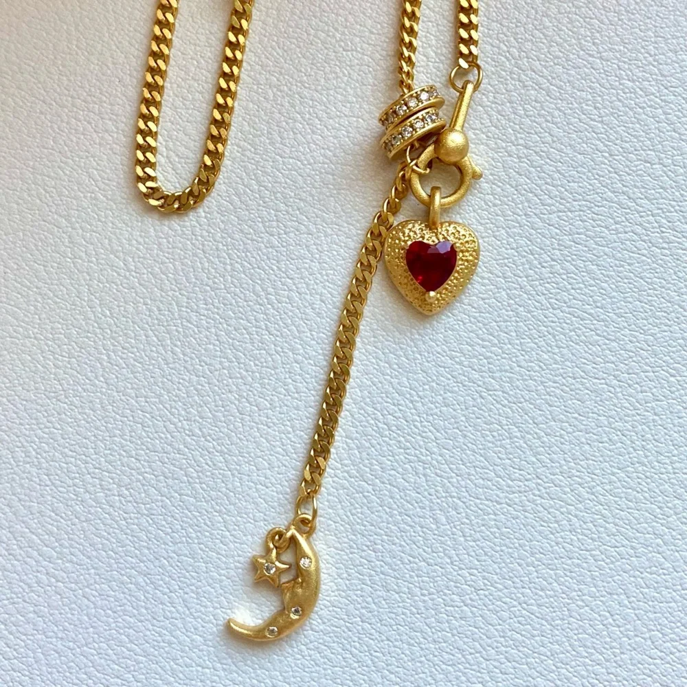 Gold Heart & Moon Pendant Necklace with Red Crystal Accent